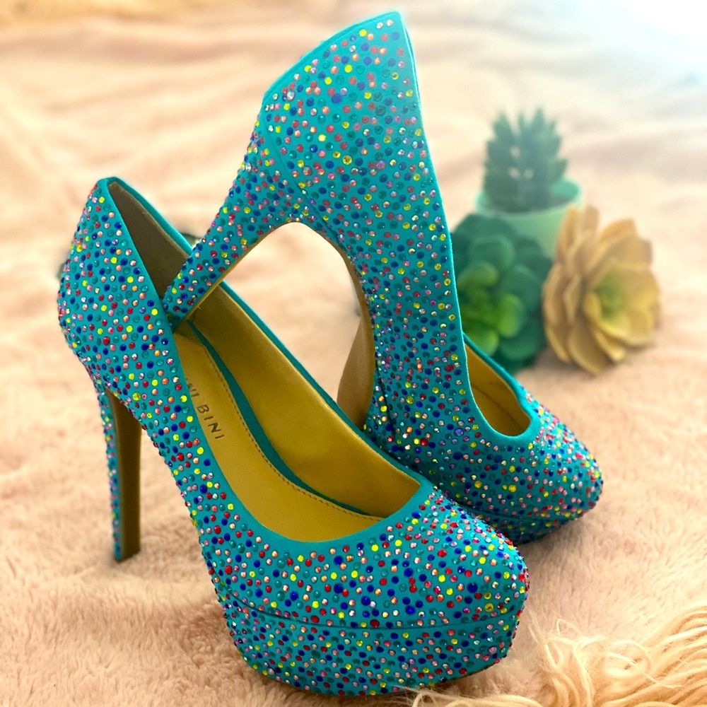Blue Platform heels, multi-color rhinestones
